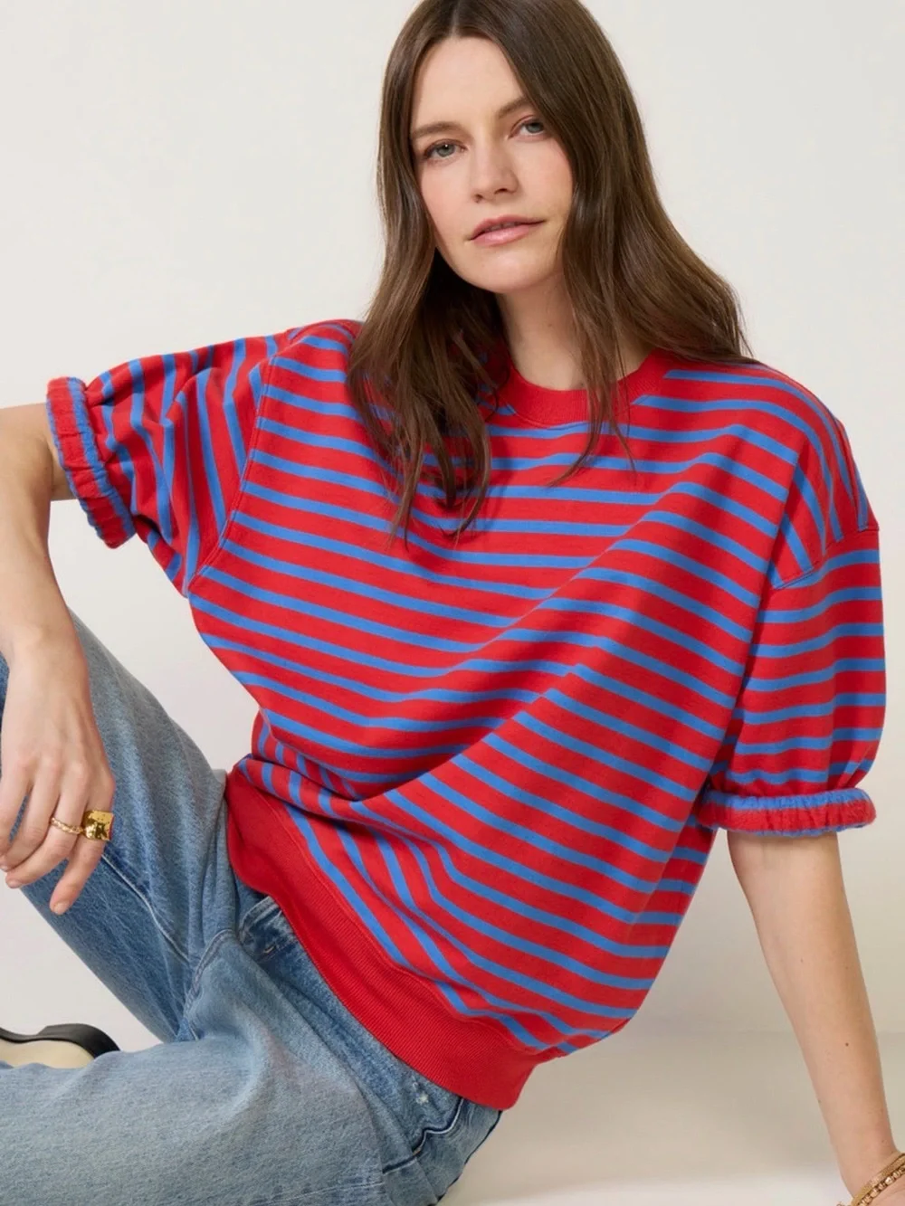 Clare V Red & Blue Striped Puff-Sleeve Oversized Sweatshirt - Picture 1 of 4